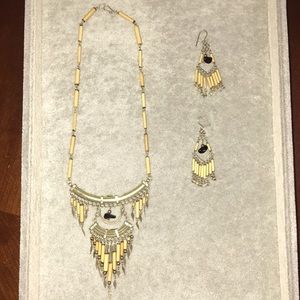 Bohemian black stones wooden beads vintage necklace and matching earrings